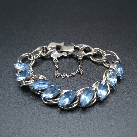 Light Vintage Blue Rhinestone Bracelet, Silver Tone Heavy Chain, 1950s - Picture 5 of 10